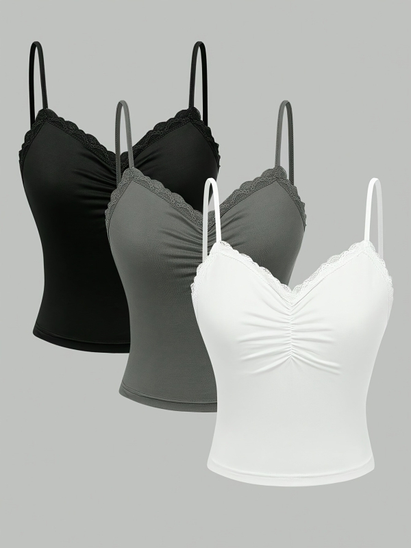 2025-ös, határokon átnyúló divatos, új, egyszínű, egyszerű spagettipántos, kontrasztos, csipkés, toldós, 3 darabos szett