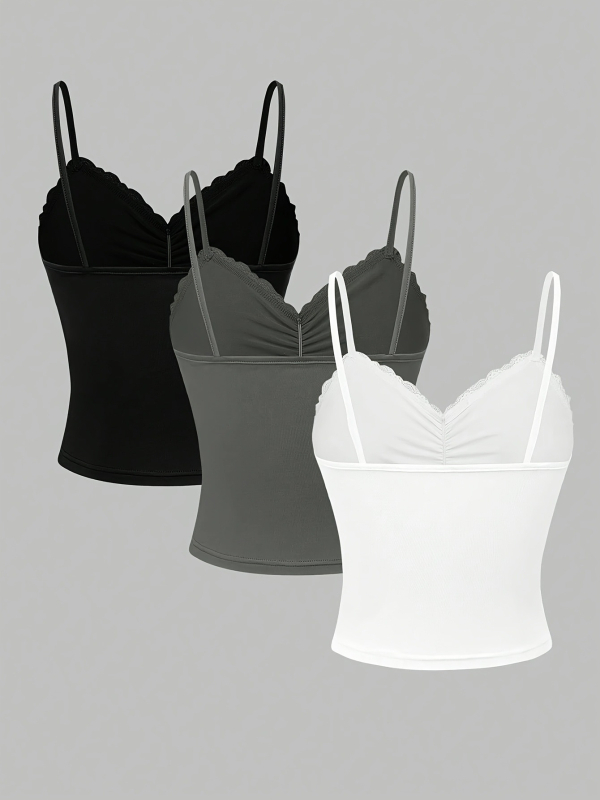 2025-ös, határokon átnyúló divatos, új, egyszínű, egyszerű spagettipántos, kontrasztos, csipkés, toldós, 3 darabos szett