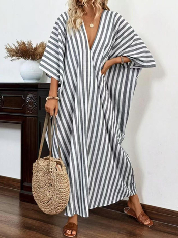 Διασυνοριακό Amazon 2025 Ευρωπαϊκό και Αμερικανικό Καλοκαίρι Νέα Μόδα Χαλαρό Casual Ριγέ Μακρύ Φόρεμα με V-Neck