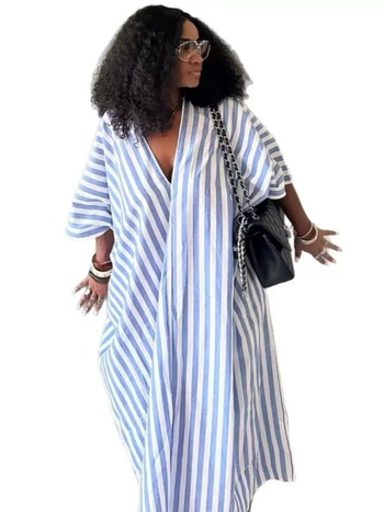 Διασυνοριακό Amazon 2025 Ευρωπαϊκό και Αμερικανικό Καλοκαίρι Νέα Μόδα Χαλαρό Casual Ριγέ Μακρύ Φόρεμα με V-Neck