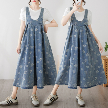 Fustă lungă din denim, stil retro, cu bretele, jacquard, de dimensiuni mari, pentru reducerea vârstei