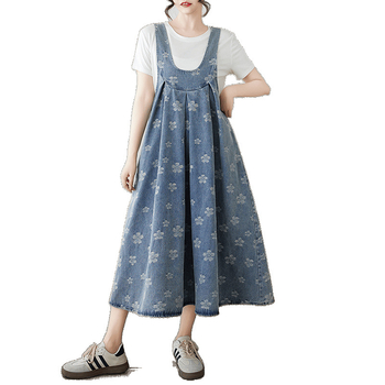 Fustă lungă din denim, stil retro, cu bretele, jacquard, de dimensiuni mari, pentru reducerea vârstei