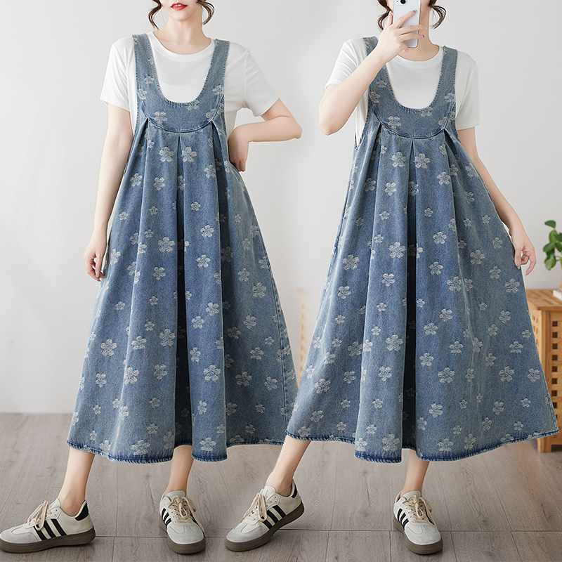 Fustă lungă din denim, stil retro, cu bretele, jacquard, de dimensiuni mari, pentru reducerea vârstei