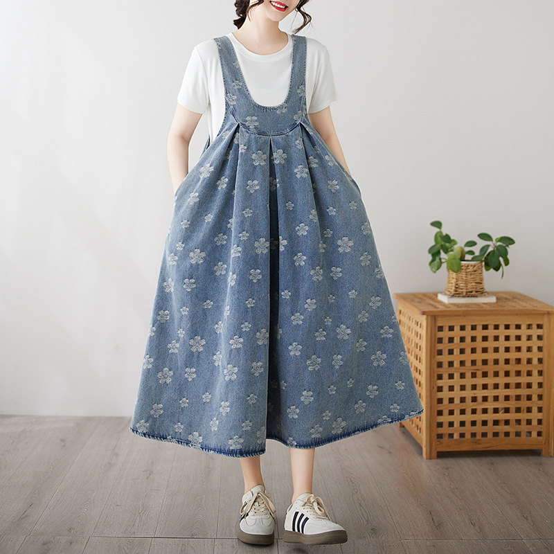 Fustă lungă din denim, stil retro, cu bretele, jacquard, de dimensiuni mari, pentru reducerea vârstei