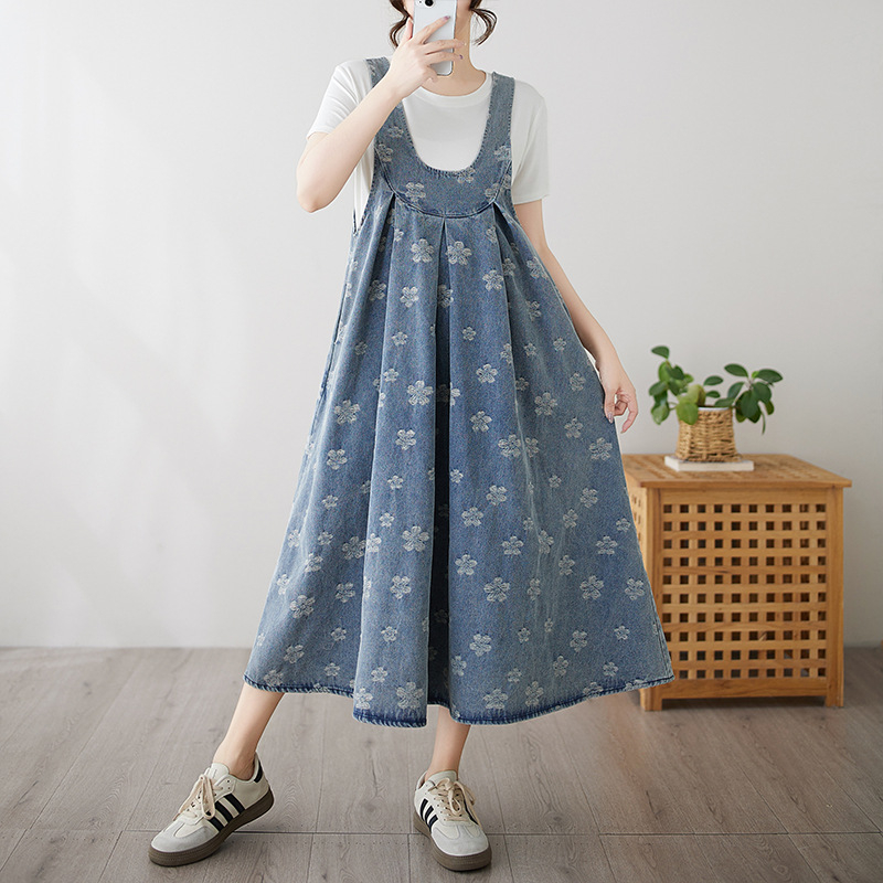 Fustă lungă din denim, stil retro, cu bretele, jacquard, de dimensiuni mari, pentru reducerea vârstei