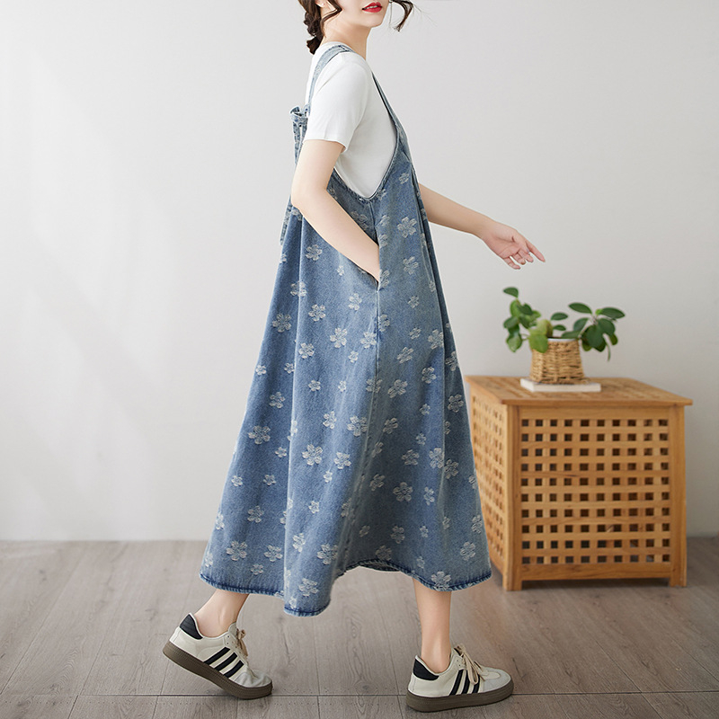 Fustă lungă din denim, stil retro, cu bretele, jacquard, de dimensiuni mari, pentru reducerea vârstei