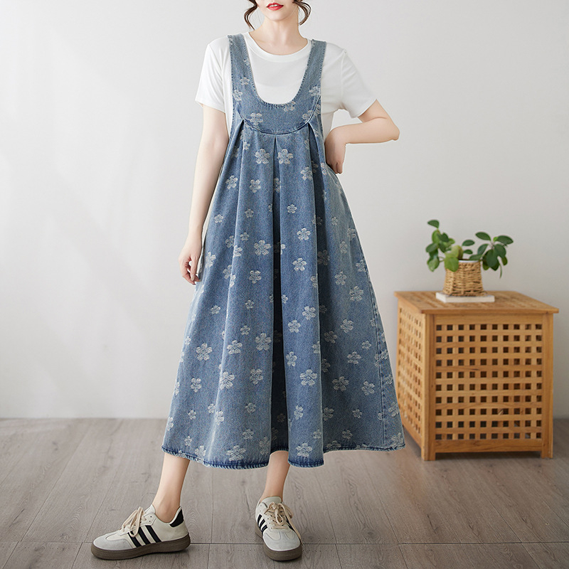 Fustă lungă din denim, stil retro, cu bretele, jacquard, de dimensiuni mari, pentru reducerea vârstei