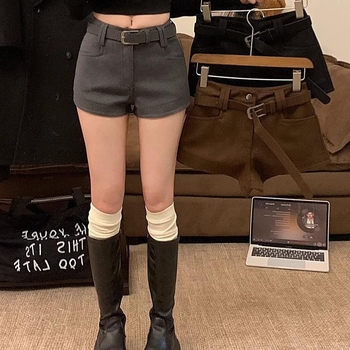 Дамски вълнени шорти в американски стил, пикантни, с цвят на кафе, нови пролетни прави панталони с ниска талия и широки крачоли за ежедневно носене с големи размери