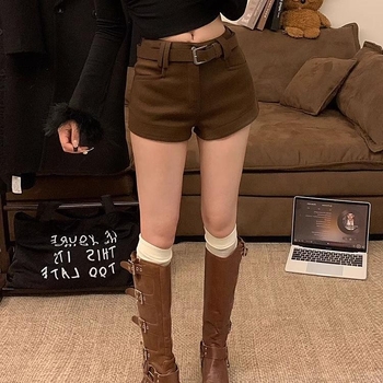 Дамски вълнени шорти в американски стил, пикантни, с цвят на кафе, нови пролетни прави панталони с ниска талия и широки крачоли за ежедневно носене с големи размери
