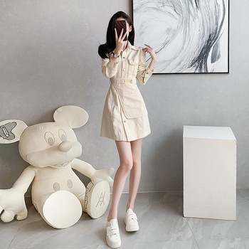 Tikras kadras, kokybiška sandėlyje, 2025 m. rudens prancūziška aukšto liemens džinsinė suknelė, liemenį sutraukianti darbo apranga, dirbtinė dviejų dalių suknelė