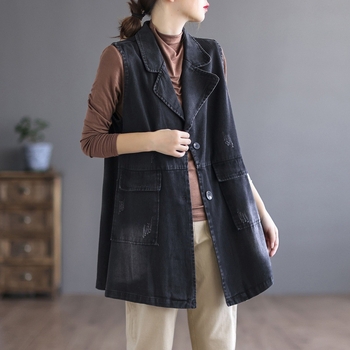 2023 tavaszi/nyári új japán és koreai középhosszúságú farmer mellény, női bő mellény, kosztümgallér, plus size mellény