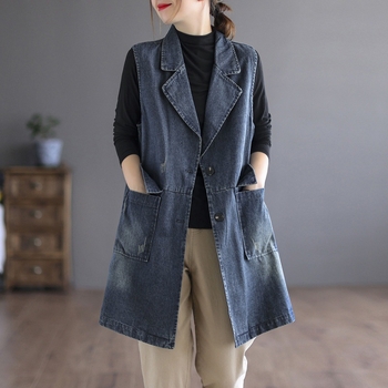 2023 tavaszi/nyári új japán és koreai középhosszúságú farmer mellény, női bő mellény, kosztümgallér, plus size mellény