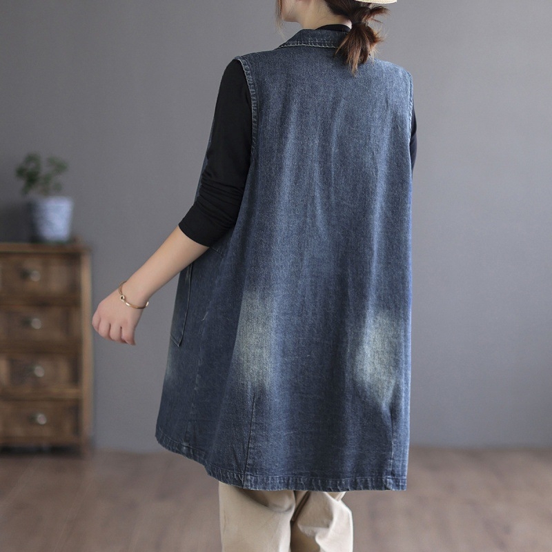 2023 tavaszi/nyári új japán és koreai középhosszúságú farmer mellény, női bő mellény, kosztümgallér, plus size mellény