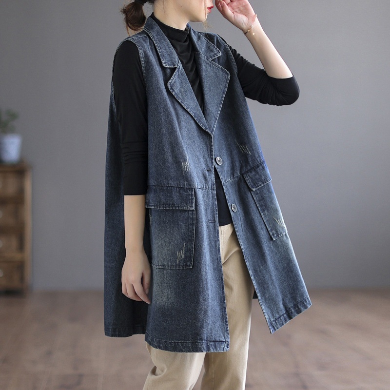 2023 tavaszi/nyári új japán és koreai középhosszúságú farmer mellény, női bő mellény, kosztümgallér, plus size mellény