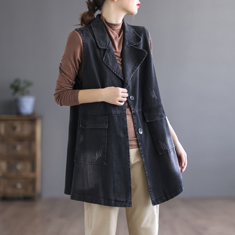 2023 tavaszi/nyári új japán és koreai középhosszúságú farmer mellény, női bő mellény, kosztümgallér, plus size mellény