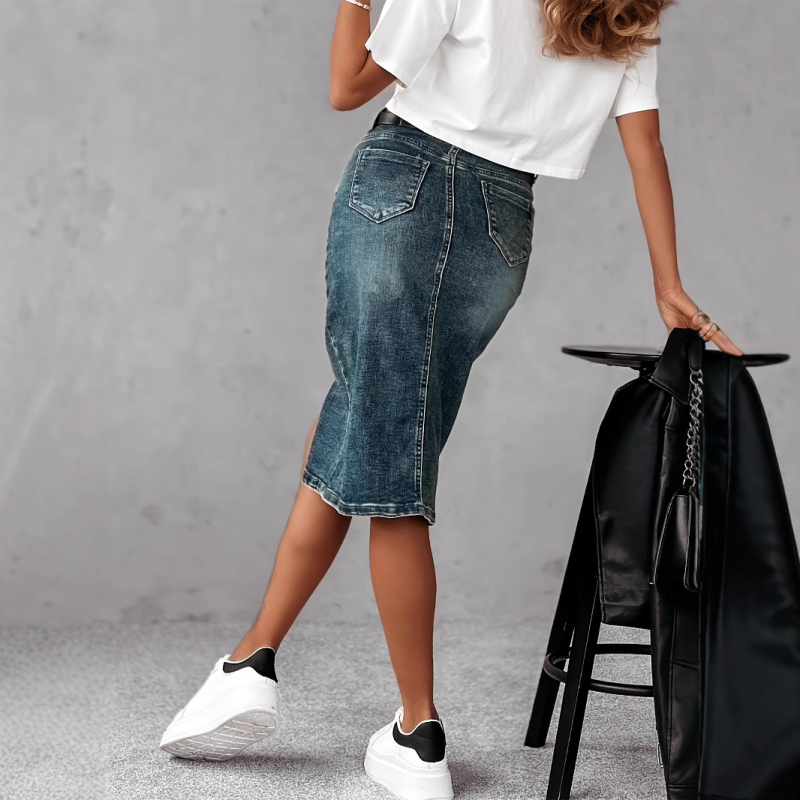 Európai és amerikai határokon átnyúló nyári új, rugalmas, strapabíró, színblokkoló, mosott farmerből készült, midi ceruzaszoknya elülső hasítékkal