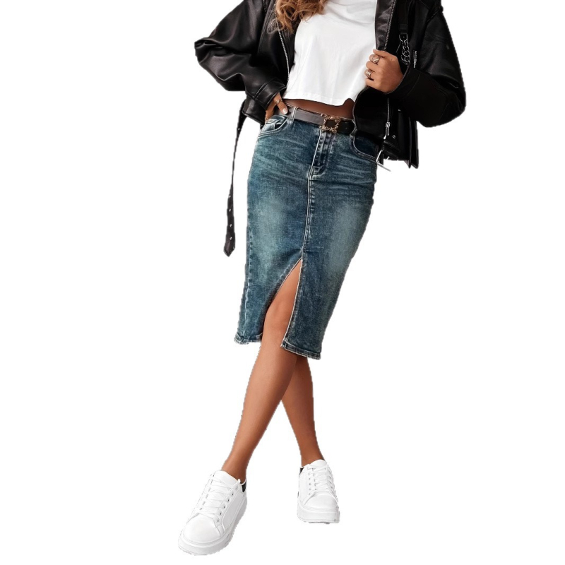 Európai és amerikai határokon átnyúló nyári új, rugalmas, strapabíró, színblokkoló, mosott farmerből készült, midi ceruzaszoknya elülső hasítékkal