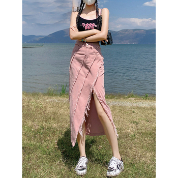 Γυναικεία ροζ τζιν φούστα με ψηλή μέση, ανοιξιάτικο σχέδιο 2024, ακανόνιστη μακριά φούστα μέχρι τους γοφούς