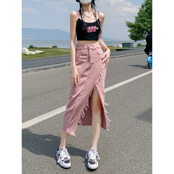 Γυναικεία ροζ τζιν φούστα με ψηλή μέση, ανοιξιάτικο σχέδιο 2024, ακανόνιστη μακριά φούστα μέχρι τους γοφούς