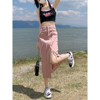 Γυναικεία ροζ τζιν φούστα με ψηλή μέση, ανοιξιάτικο σχέδιο 2024, ακανόνιστη μακριά φούστα μέχρι τους γοφούς