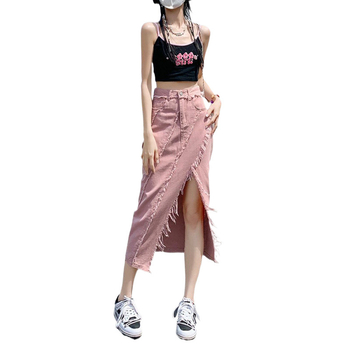 Γυναικεία ροζ τζιν φούστα με ψηλή μέση, ανοιξιάτικο σχέδιο 2024, ακανόνιστη μακριά φούστα μέχρι τους γοφούς