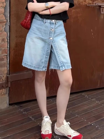 Plus Size Retro Kék A-vonalú Farmer Rövidnadrág Női, Nyári Magas Derekú Karcsúsító Egyenes Széles Szájú, Térdig Érő Rövidnadrág Formás Nőknek