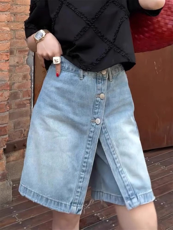 Plus Size Retro Kék A-vonalú Farmer Rövidnadrág Női, Nyári Magas Derekú Karcsúsító Egyenes Széles Szájú, Térdig Érő Rövidnadrág Formás Nőknek