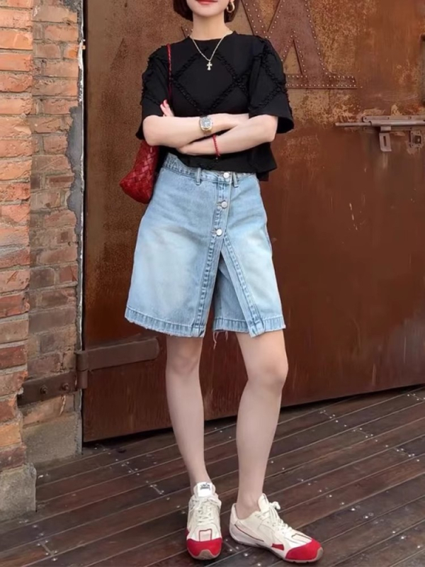 Plus Size Retro Kék A-vonalú Farmer Rövidnadrág Női, Nyári Magas Derekú Karcsúsító Egyenes Széles Szájú, Térdig Érő Rövidnadrág Formás Nőknek