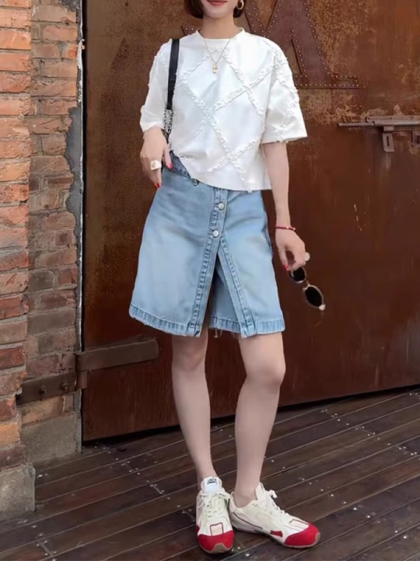 Plus Size Retro Kék A-vonalú Farmer Rövidnadrág Női, Nyári Magas Derekú Karcsúsító Egyenes Széles Szájú, Térdig Érő Rövidnadrág Formás Nőknek