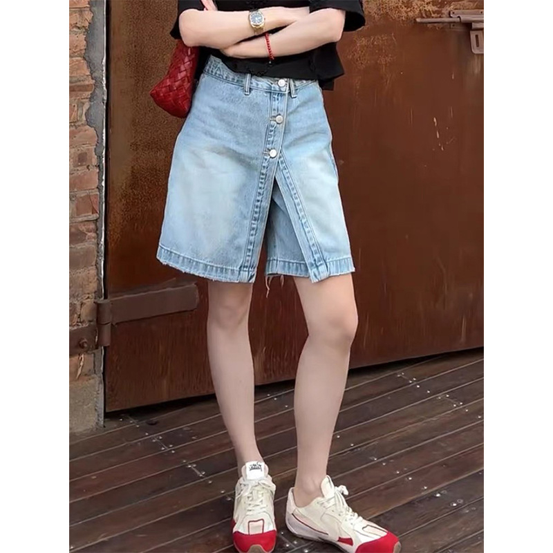 Plus Size Retro Kék A-vonalú Farmer Rövidnadrág Női, Nyári Magas Derekú Karcsúsító Egyenes Széles Szájú, Térdig Érő Rövidnadrág Formás Nőknek