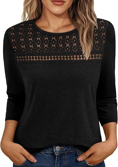 Amazon európai és amerikai határokon átnyúló 3/4-es hosszú ujjú női felsők csipke kivágású üzleti alkalmi kerek nyakú tavaszi és nyári hosszú ujjú női