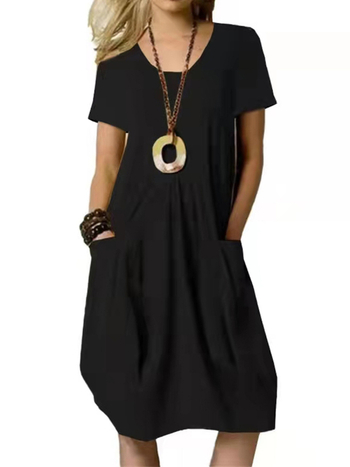 Európai és amerikai külkereskedelmi határokon átnyúló Amazon Független Állomás 2024 Zsebes, középhosszú, rövid ujjú ruha, A-vonalú midi ruha