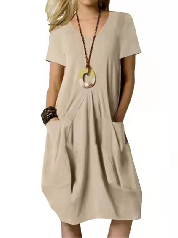 Európai és amerikai külkereskedelmi határokon átnyúló Amazon Független Állomás 2024 Zsebes, középhosszú, rövid ujjú ruha, A-vonalú midi ruha