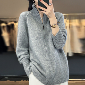 23 φθινόπωρο και χειμώνας Νέα εξωτερική ζακέτα από καθαρό μαλλί με φερμουάρ, γυναικείο γιακά με όρθιο γιακά, ευέλικτο, χαλαρό πουλόβερ, χοντρό παλτό