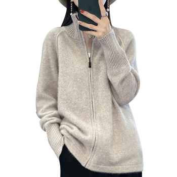 23 φθινόπωρο και χειμώνας Νέα εξωτερική ζακέτα από καθαρό μαλλί με φερμουάρ, γυναικείο γιακά με όρθιο γιακά, ευέλικτο, χαλαρό πουλόβερ, χοντρό παλτό