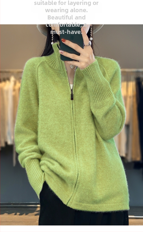 23 φθινόπωρο και χειμώνας Νέα εξωτερική ζακέτα από καθαρό μαλλί με φερμουάρ, γυναικείο γιακά με όρθιο γιακά, ευέλικτο, χαλαρό πουλόβερ, χοντρό παλτό