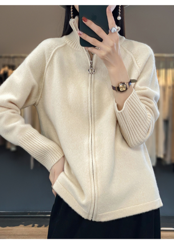 23 φθινόπωρο και χειμώνας Νέα εξωτερική ζακέτα από καθαρό μαλλί με φερμουάρ, γυναικείο γιακά με όρθιο γιακά, ευέλικτο, χαλαρό πουλόβερ, χοντρό παλτό