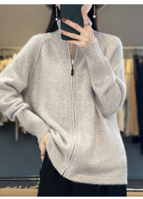 23 φθινόπωρο και χειμώνας Νέα εξωτερική ζακέτα από καθαρό μαλλί με φερμουάρ, γυναικείο γιακά με όρθιο γιακά, ευέλικτο, χαλαρό πουλόβερ, χοντρό παλτό