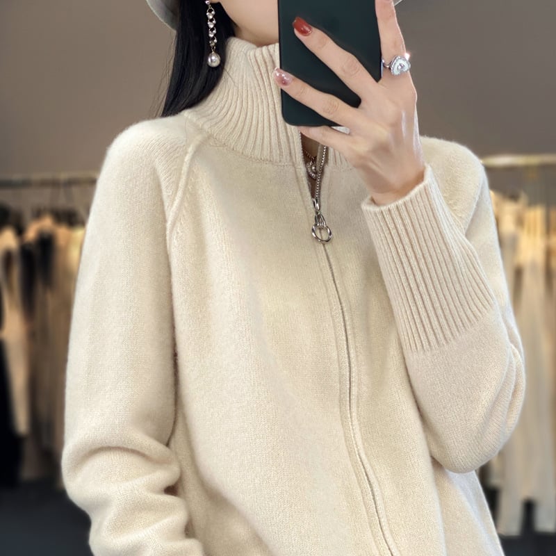 23 φθινόπωρο και χειμώνας Νέα εξωτερική ζακέτα από καθαρό μαλλί με φερμουάρ, γυναικείο γιακά με όρθιο γιακά, ευέλικτο, χαλαρό πουλόβερ, χοντρό παλτό