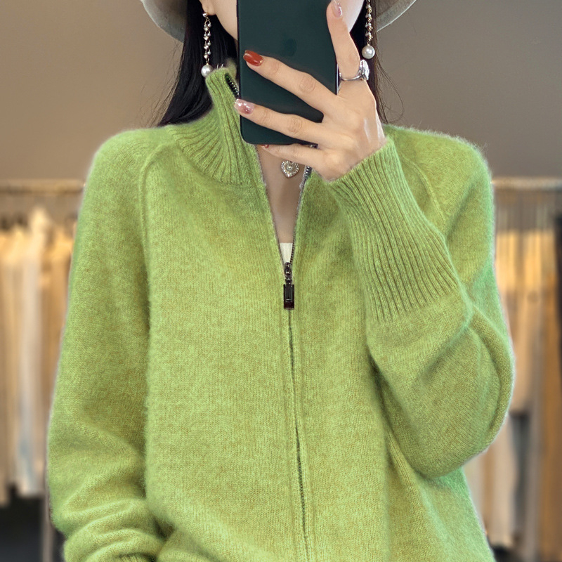 23 φθινόπωρο και χειμώνας Νέα εξωτερική ζακέτα από καθαρό μαλλί με φερμουάρ, γυναικείο γιακά με όρθιο γιακά, ευέλικτο, χαλαρό πουλόβερ, χοντρό παλτό