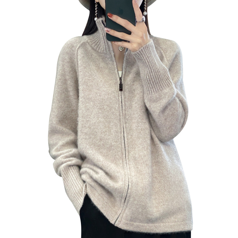 23 φθινόπωρο και χειμώνας Νέα εξωτερική ζακέτα από καθαρό μαλλί με φερμουάρ, γυναικείο γιακά με όρθιο γιακά, ευέλικτο, χαλαρό πουλόβερ, χοντρό παλτό