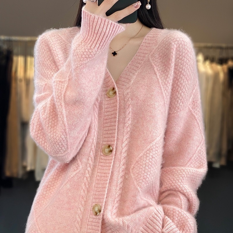 Pulover elegant tricotat V100 pentru femei, pulover slăbit, primăvară și toamnă, lână pură, guler cu nasturi, flori, % cașmir, cardigan nou