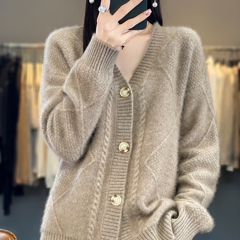 Pulover elegant tricotat V100 pentru femei, pulover slăbit, primăvară și toamnă, lână pură, guler cu nasturi, flori, % cașmir, cardigan nou