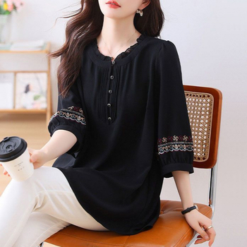 Korcsökkentő, plus size női hímzett, pufók Meimei 100.00kg-os sifon ing, elegáns, bő, középhosszú ujjú felső