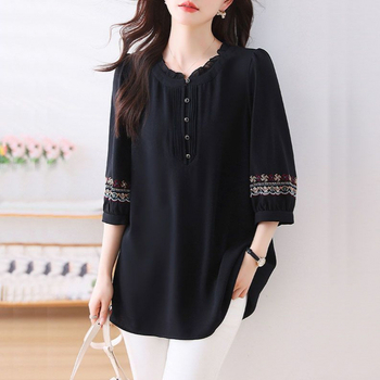 Korcsökkentő, plus size női hímzett, pufók Meimei 100.00kg-os sifon ing, elegáns, bő, középhosszú ujjú felső