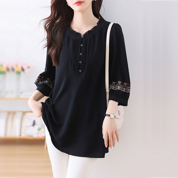 Korcsökkentő, plus size női hímzett, pufók Meimei 100.00kg-os sifon ing, elegáns, bő, középhosszú ujjú felső