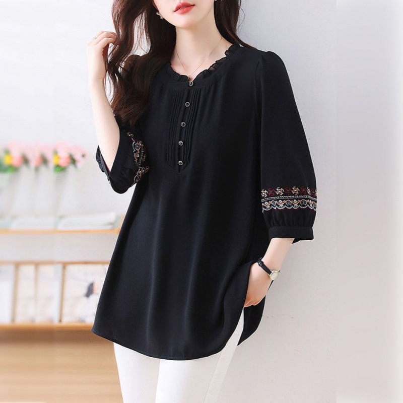 Korcsökkentő, plus size női hímzett, pufók Meimei 100.00kg-os sifon ing, elegáns, bő, középhosszú ujjú felső