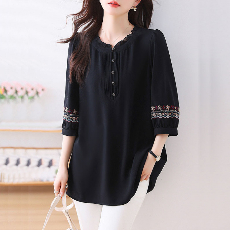 Korcsökkentő, plus size női hímzett, pufók Meimei 100.00kg-os sifon ing, elegáns, bő, középhosszú ujjú felső