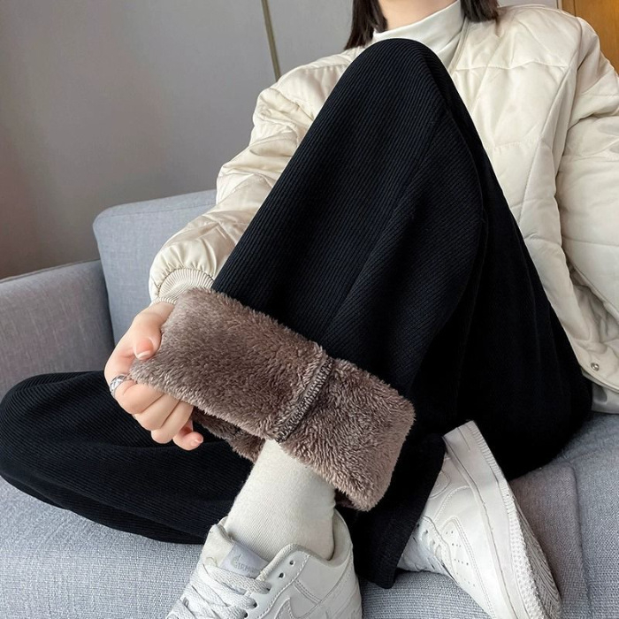 300 kg-os plus size női téli északkeleti viselet vastag báránygyapjúból készült, egyenes csőből készült, polár bélésű, meleg kordbársony nadrág, bő szárú