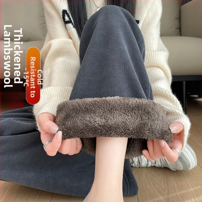 300 kg-os plus size női téli északkeleti viselet vastag báránygyapjúból készült, egyenes csőből készült, polár bélésű, meleg kordbársony nadrág, bő szárú